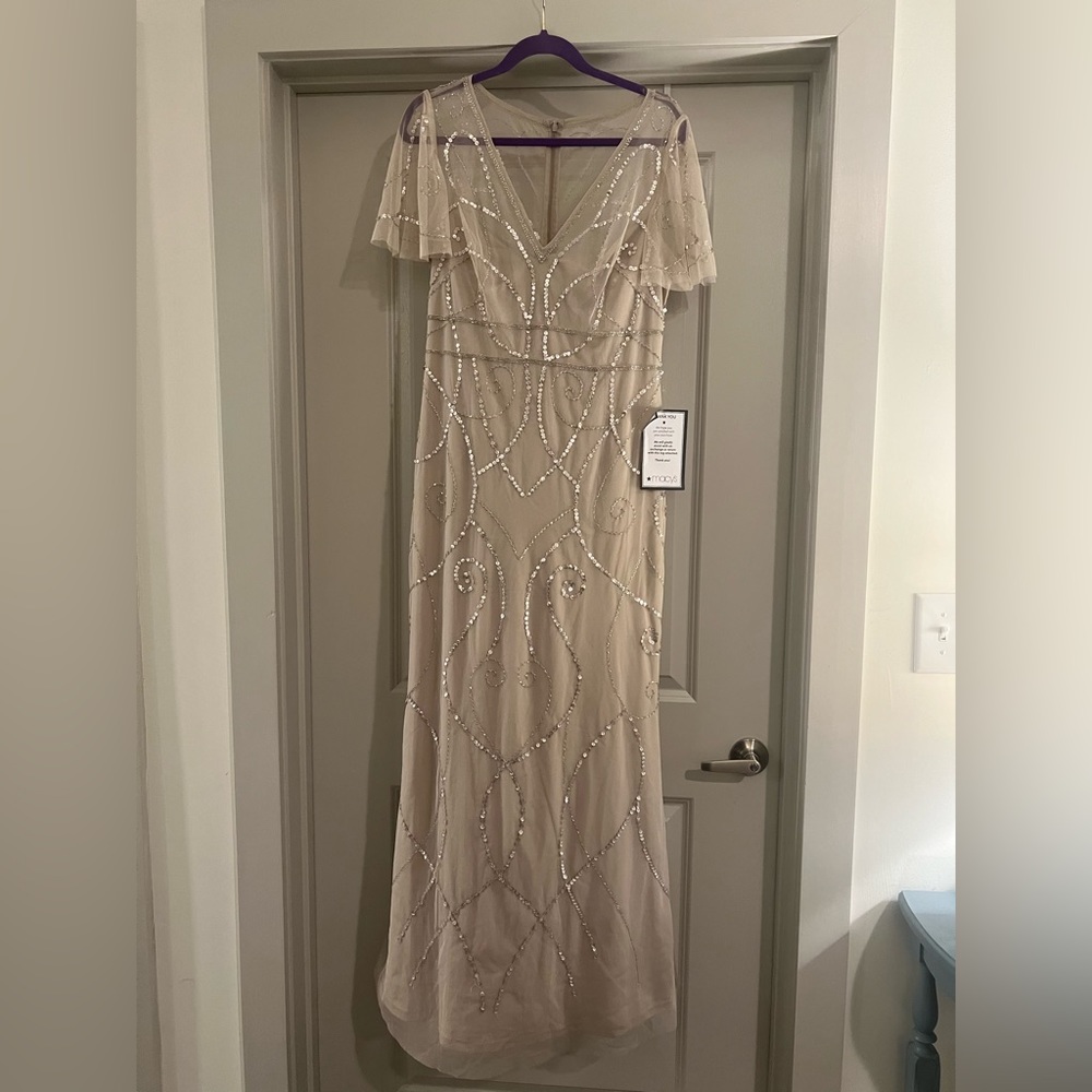 Adrianna Papell Beaded Maxi Dress in Cream and Silver